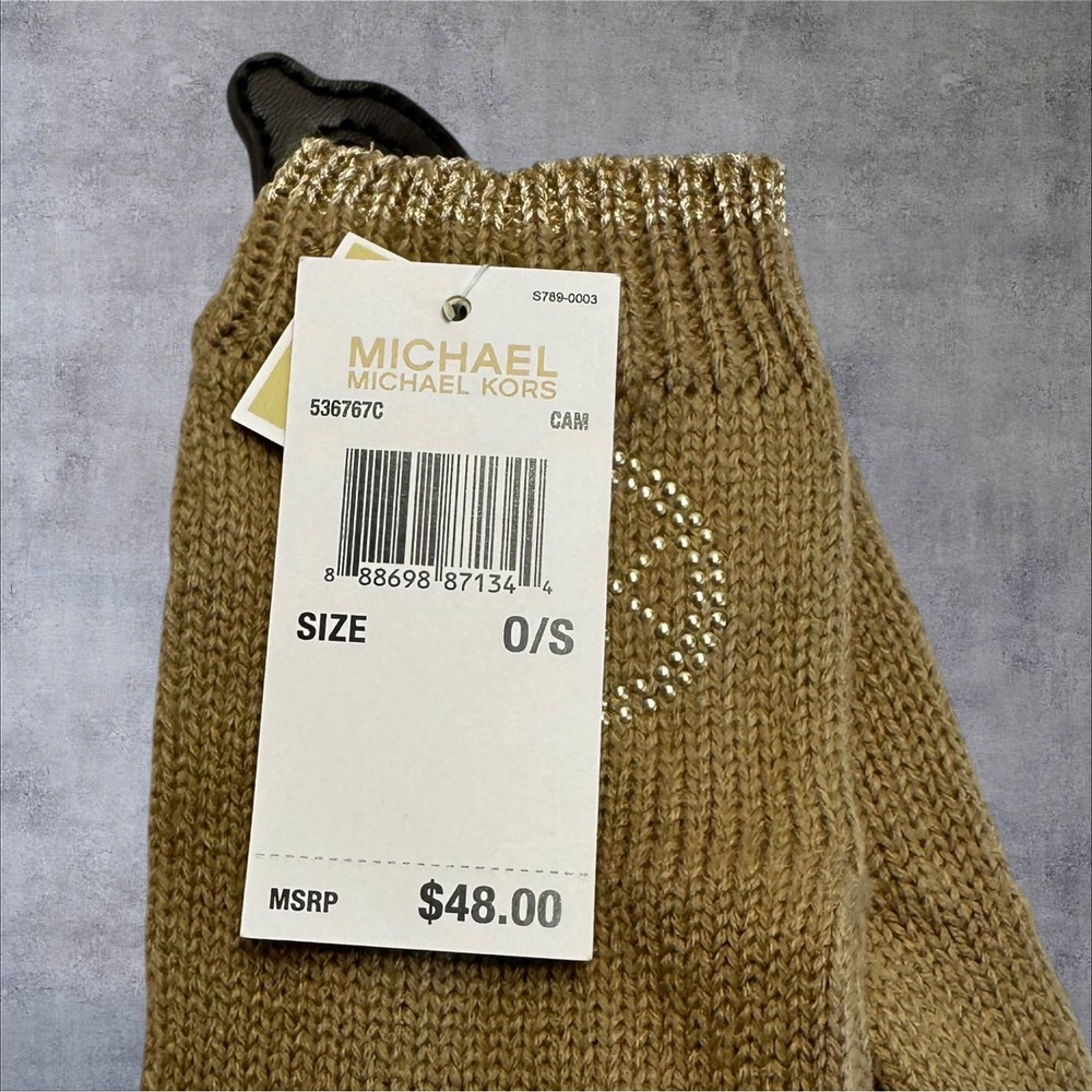 Michael Kors Tech Gloves Womens O/S Camel New Rhinestone Logo Knit Touchscreen - Picture 3 of 3